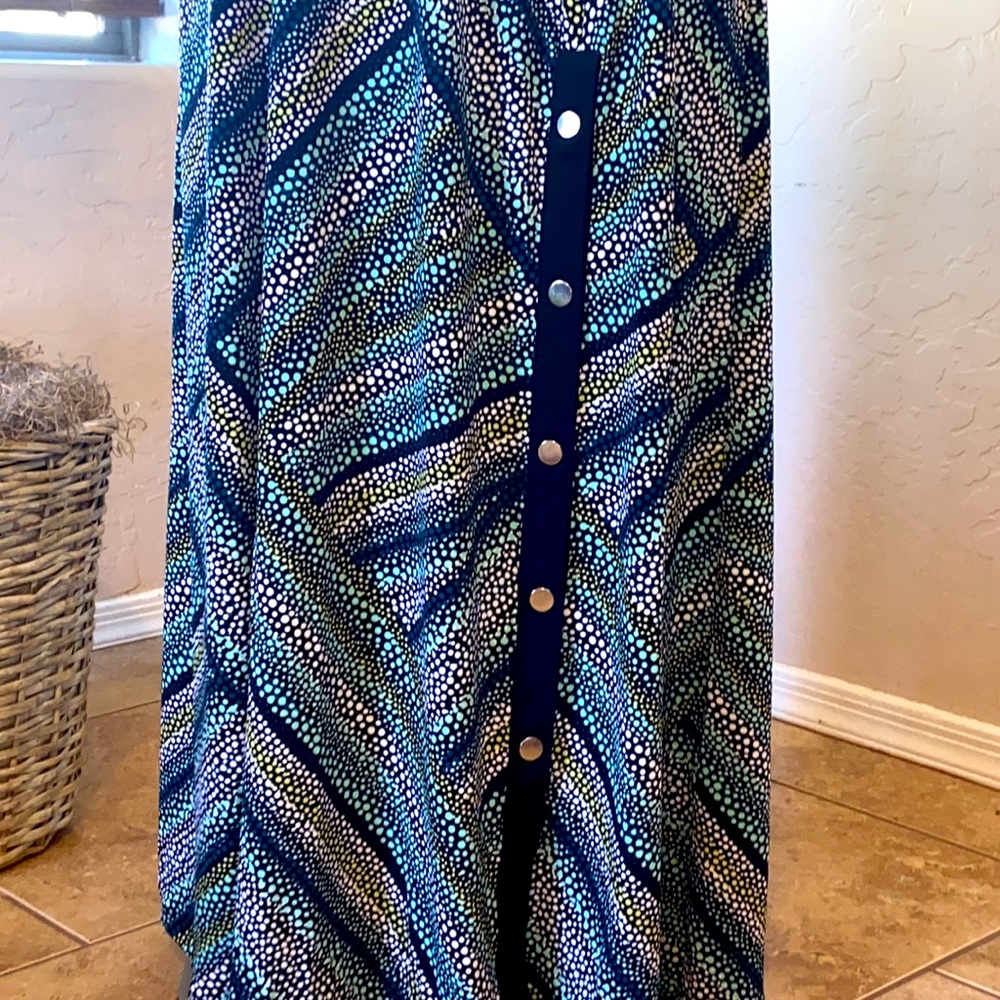 Susan Graver Printed Liquid Knit Maxi Dress ~ Black/Teal - Picture 4 of 8